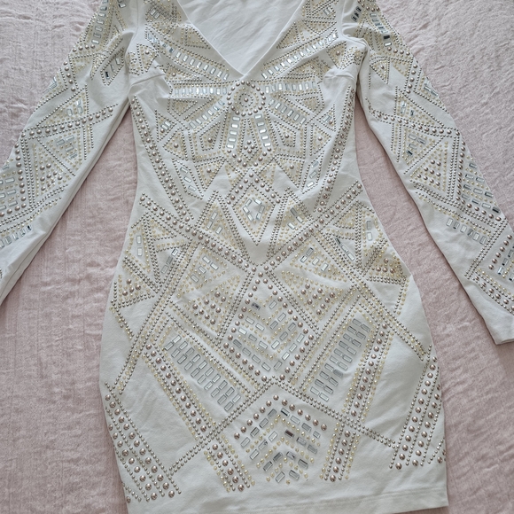 bebe White Long Sleeve Dress with Gold and Silver Embellishments - Picture 2 of 8